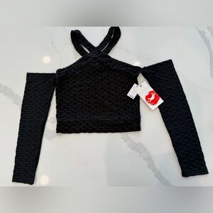 Hot Kiss Black Crop Top Long Sleeve Cold Shoulder Y2K NWT Large